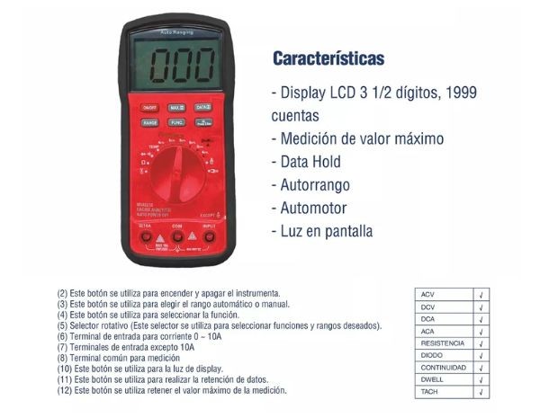 &u+ MULTIMETRO DIGITAL AUTORRANGO AUTOMOTO  ZURICK (IZR08221B)